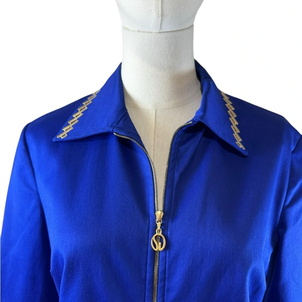 St. John Sport Marie Gray Royal Blue Zip-Front Jacket - Gold Trim Size S